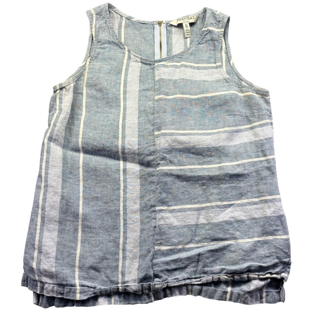 Ellen Tracy Linen Tank Top Blue White Striped Sleeveless Blouse Back Zip Mens L - Picture 1 of 8